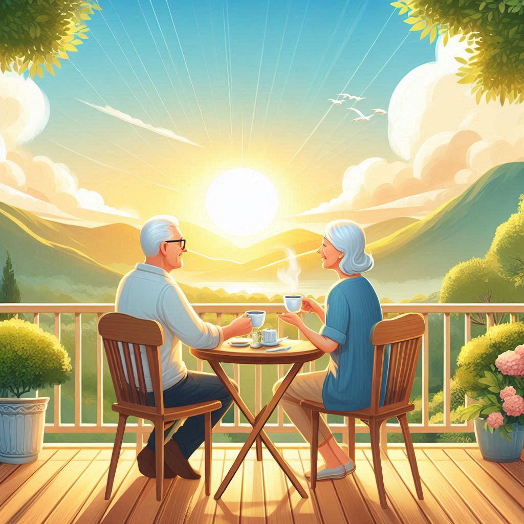 A couple enjoying retirement on a peaceful morning balcony, symbolizing secure retirement planning.